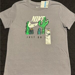 Nike Grey Tee with White Logo and Green Cactus Graphic